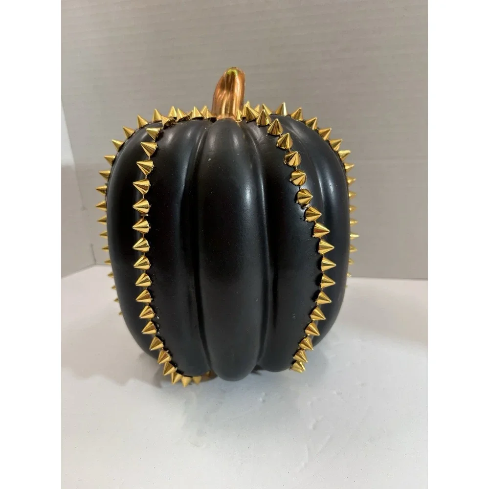 Black plastic Pumpkin with Gold Studded Accents, Halloween Gothic 8 in